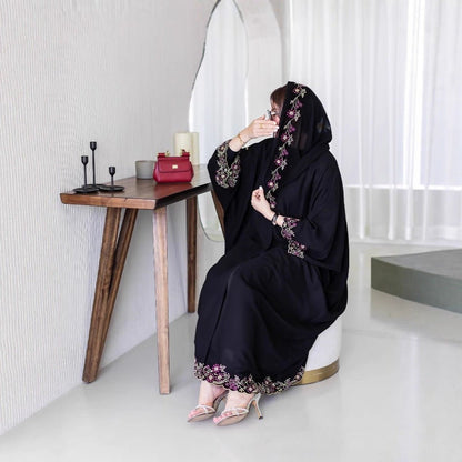 Black Abaya with Embroidered Floral Hijab Set (MOA279)