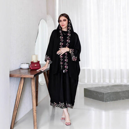 Black Abaya with Embroidered Floral Hijab Set (MOA279)