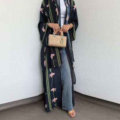 Black Floral Print Abaya Set | Lightweight Breathable Cardigan with Matching Hijab(MOA230)