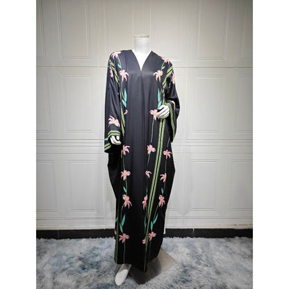 Black Floral Print Abaya Set | Lightweight Breathable Cardigan with Matching Hijab(MOA230)
