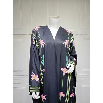 Black Floral Print Abaya Set | Lightweight Breathable Cardigan with Matching Hijab(MOA230)