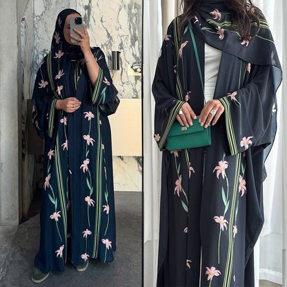 Black Floral Print Abaya Set | Lightweight Breathable Cardigan with Matching Hijab(MOA230)