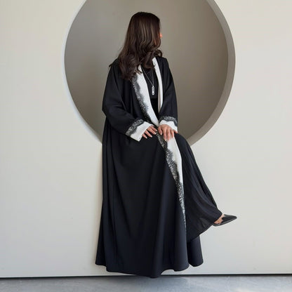 Black & White Lace Trim Open Abaya(MOA311)