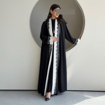 Black & White Lace Trim Open Abaya(MOA311)