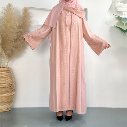 Blossom Elegance Modest Luxury 3-Piece Abaya Set | Pink & Beige Bell Sleeve Robe with Inner Dress & Hijab (MOA193)