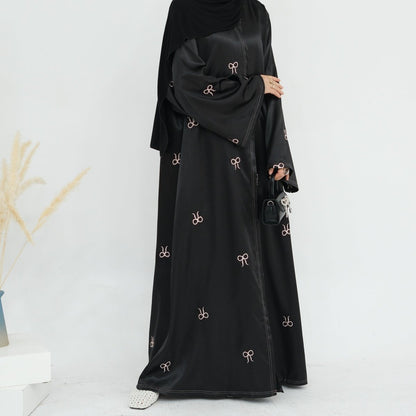 Bow Embroidered Glossy Open Abaya (MOA102)