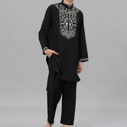 Boys Black Embroidered Tunic & Pants Set (MKB021)