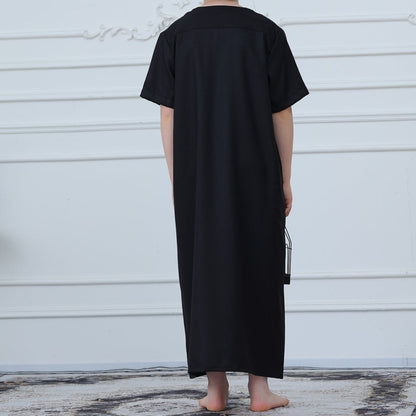 Boys Black Short Sleeve Embroidered Thobe with Pockets(MKB019)