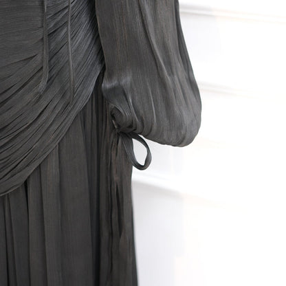 Braided Collar Ruched Fringe Maxi Dress(MS406)