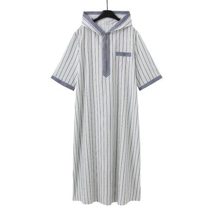 Breathable 3D Digital Print Striped Thobe Men's Loose Fit Short Sleeve Muslim Robe with V-Neck (MT033)