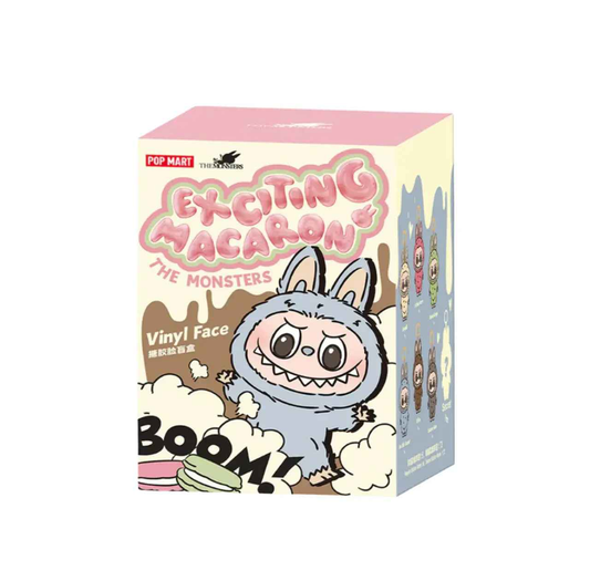 BuBu Craze Pop Mart Labubu Exciting Macaron blind box with colorful packaging and playful character illustration.