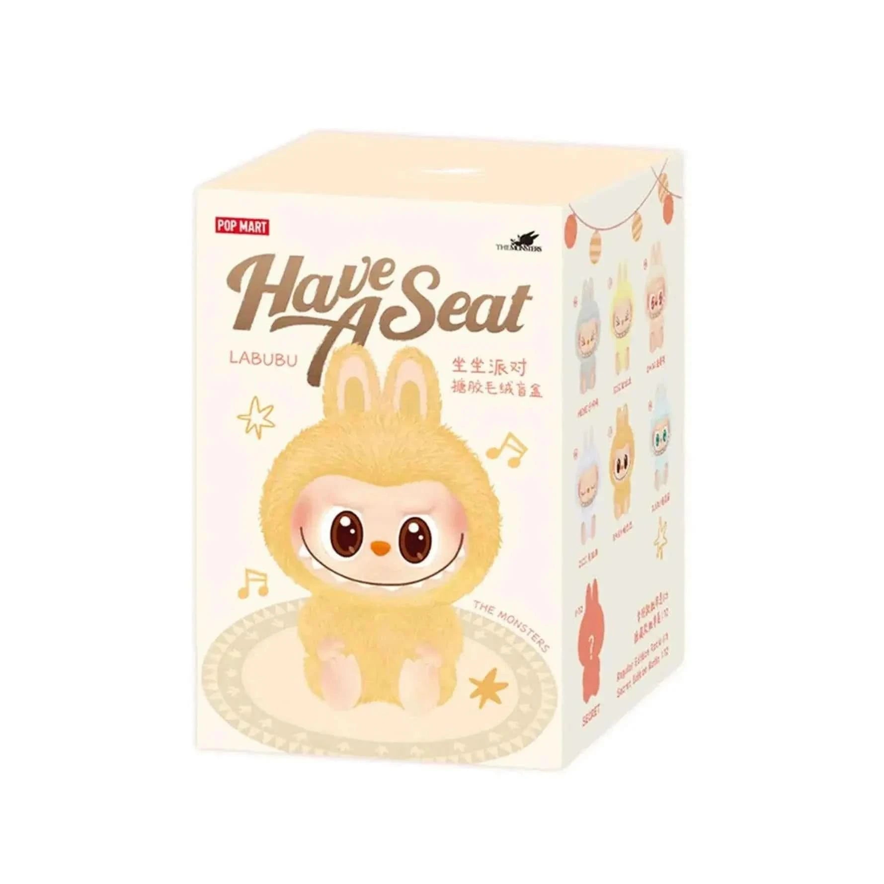 Pop Mart Labubu Have a Seat blind box by BuBu Craze featuring a colorful, cartoon-style Labubu figure sitting on a small chair.