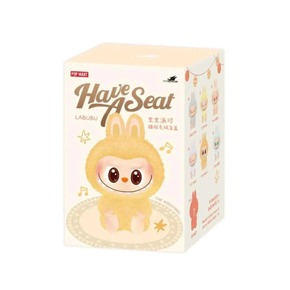 Pop Mart Labubu Have a Seat blind box by BuBu Craze featuring a colorful, cartoon-style Labubu figure sitting on a small chair.