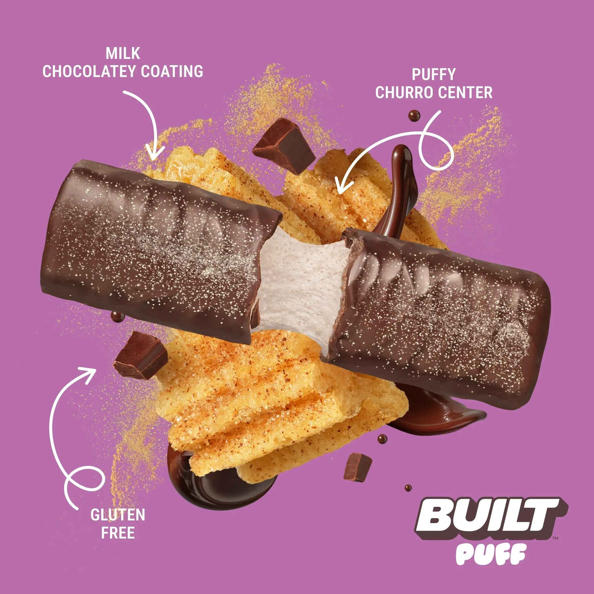 BUILT Puff Churro Puff, a crispy snack with cinnamon sugar coating, displayed in a close-up image.