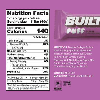 BUILT Churro Puff snack bar with crispy puffed texture and cinnamon flavor, displayed in a close-up shot.