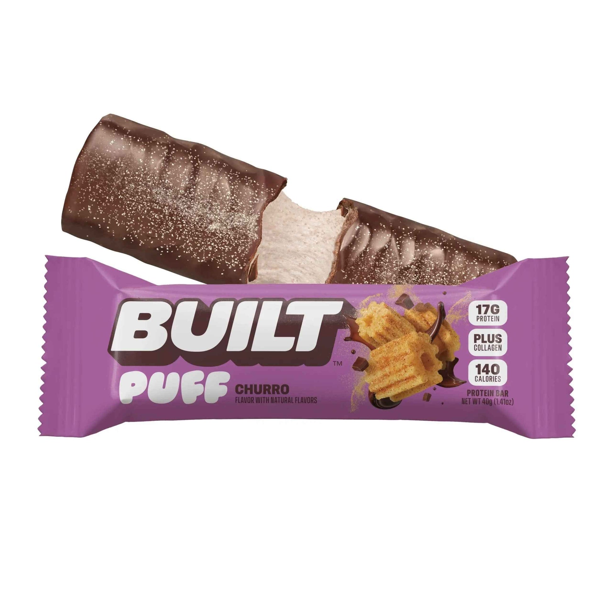 Built BUILT Churro Puff, a crispy snack with a churro flavor, displayed in the product image.