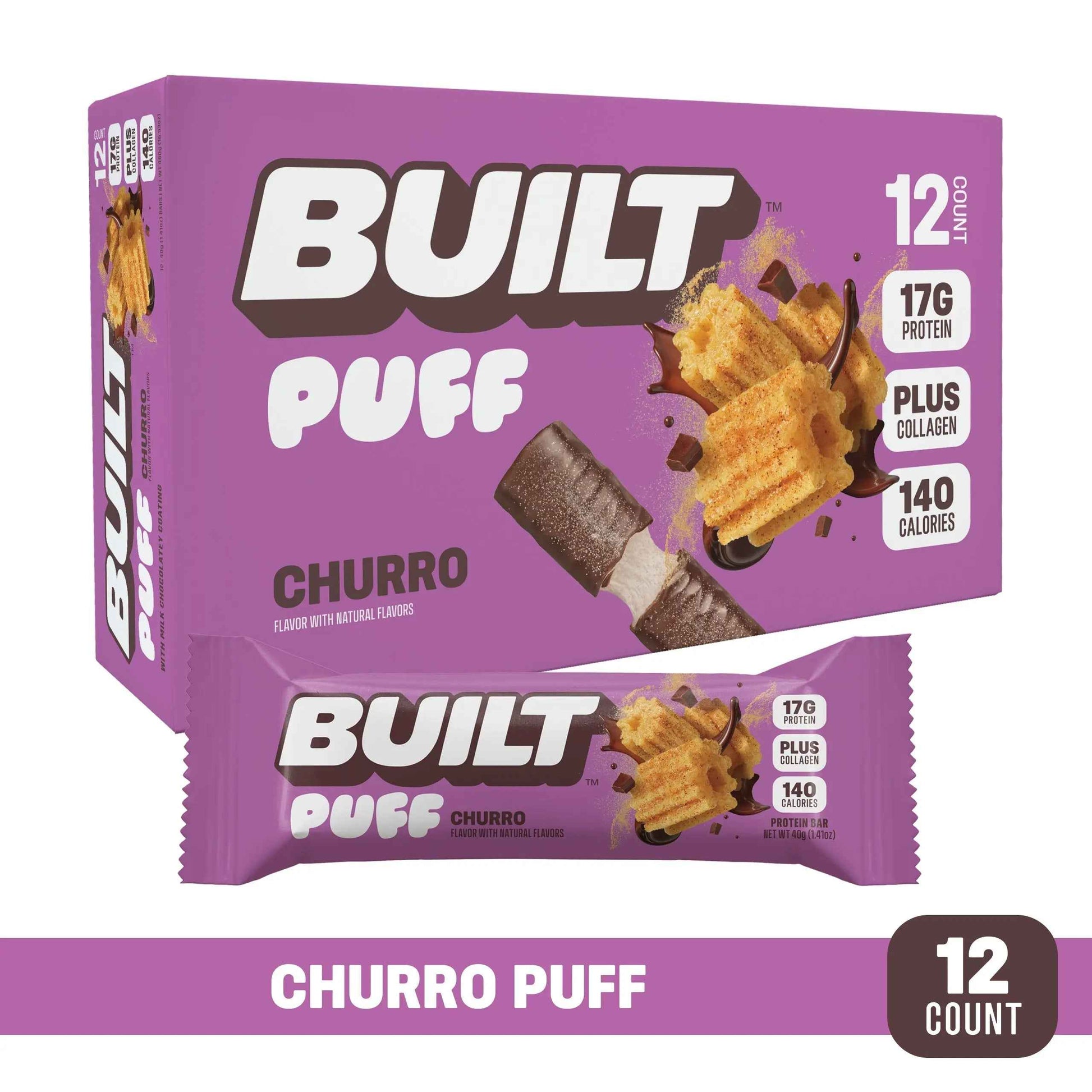 BUILT Puff Churro Puff featuring a crispy, golden-brown snack with a light, airy texture and churro-inspired flavor.