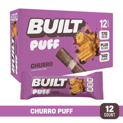 BUILT Puff Churro Puff featuring a crispy, golden-brown snack with a light, airy texture and churro-inspired flavor.