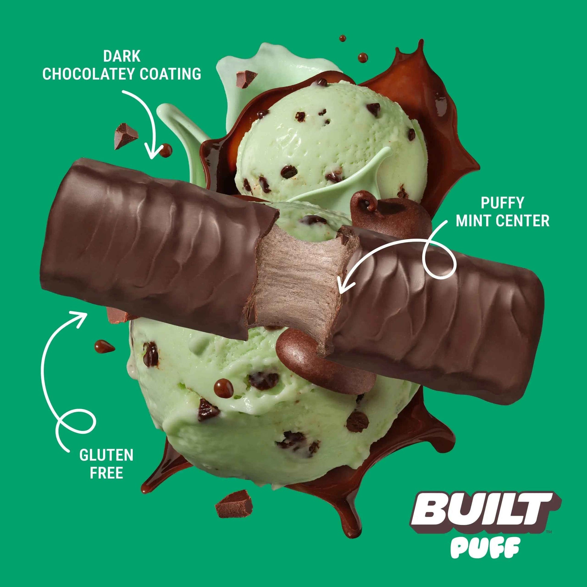 Built Puff Mint Chip flavor, a soft snack with mint and chocolate chips, in a convenient baked puff form.