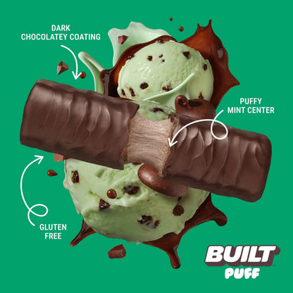 Built Puff Mint Chip flavor, a soft snack with mint and chocolate chips, in a convenient baked puff form.