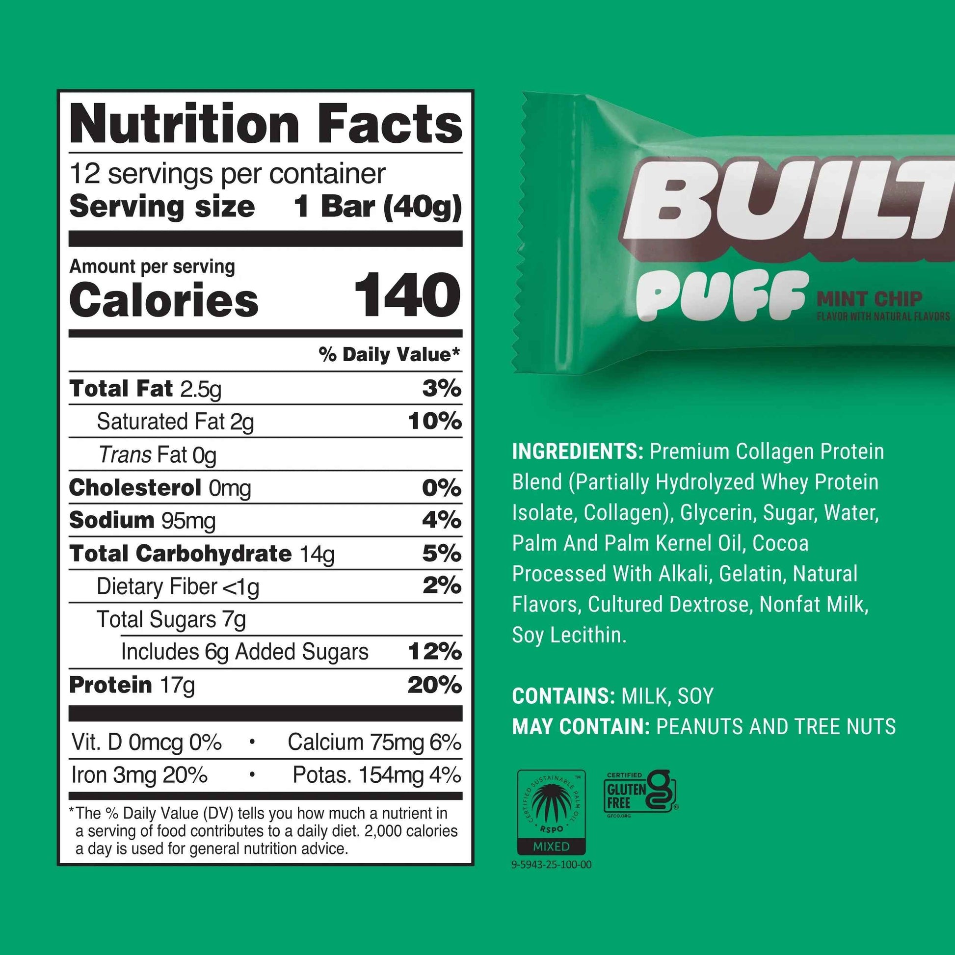 BUILT Puff in Mint Chip flavor showing a soft, round snack with mint green and chocolate chip details.