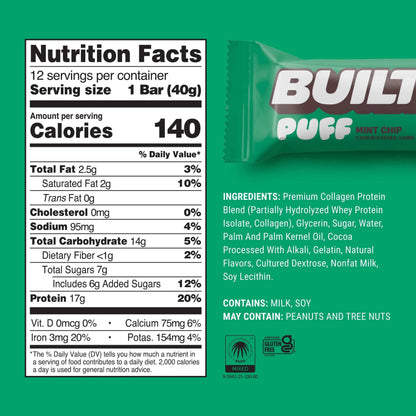 BUILT Puff in Mint Chip flavor showing a soft, round snack with mint green and chocolate chip details.