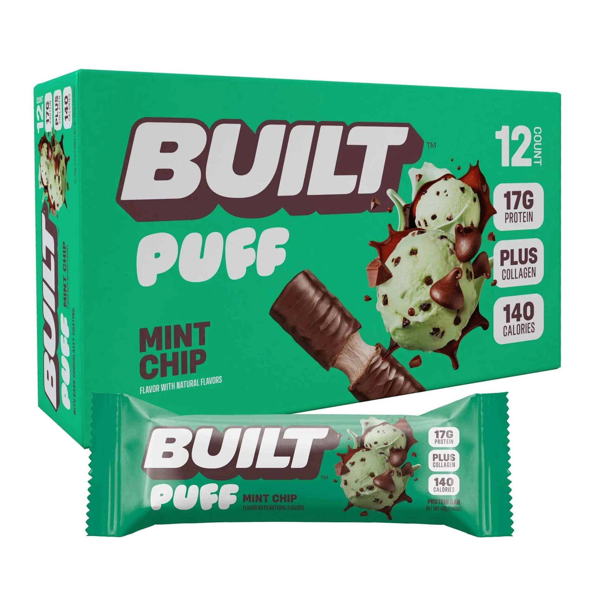 Built Puff in Mint Chip flavor featuring a soft, textured snack with mint and chocolate chip pieces.