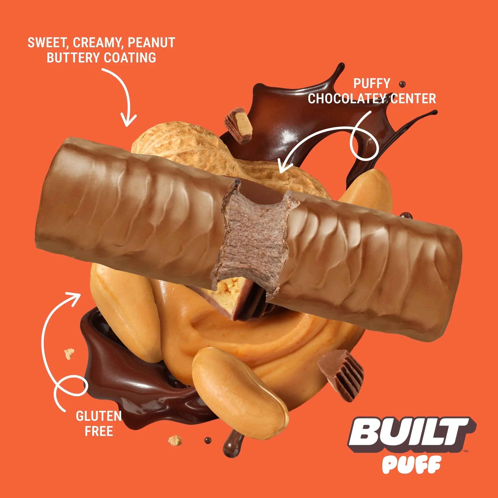 BUILT Peanut Butter Cup Puff, soft puffs with peanut butter cup flavor, close-up showing crispy texture and creamy filling.
