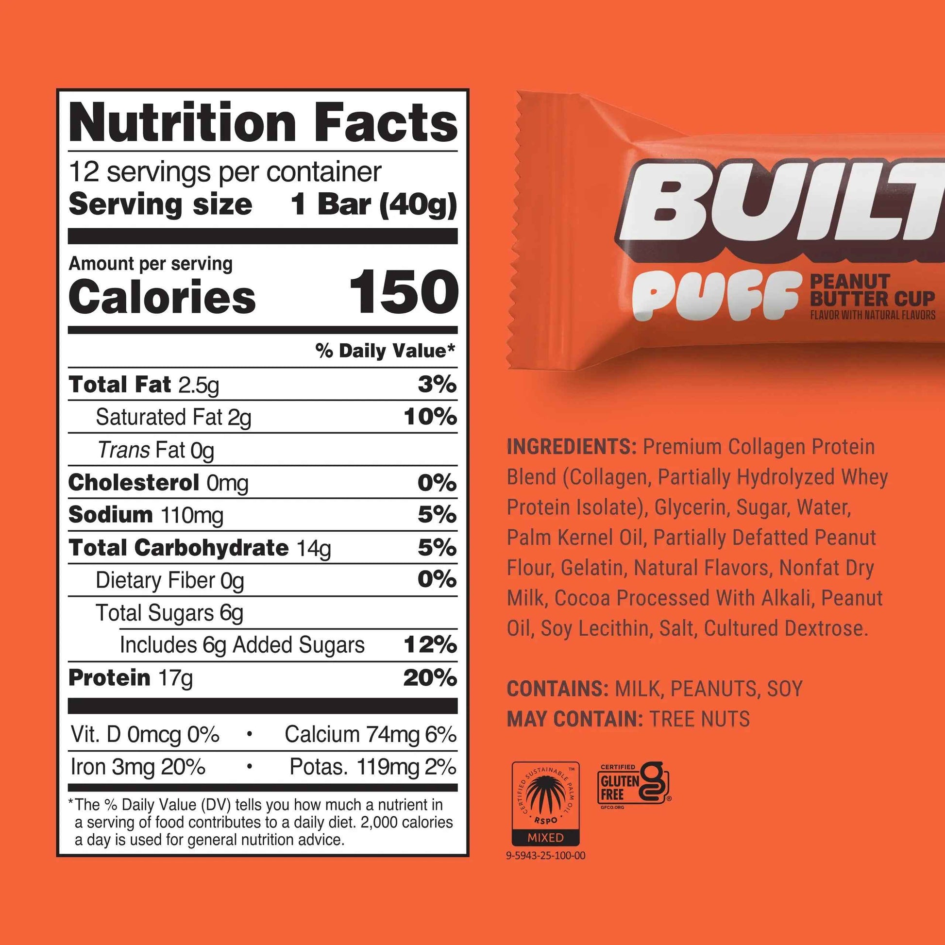 Built Peanut Butter Cup Puff, a snack puffs with creamy peanut butter flavor and chocolate coating, shown in a close-up image.