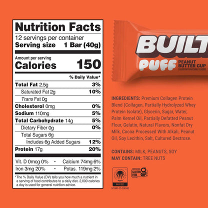 Built Peanut Butter Cup Puff, a snack puffs with creamy peanut butter flavor and chocolate coating, shown in a close-up image.