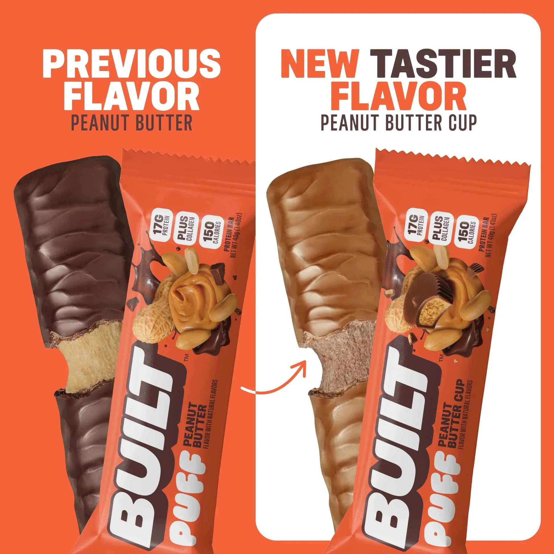 Built Peanut Butter Cup Puff, a crispy snack puff filled with creamy peanut butter flavor, shown in a close-up image.