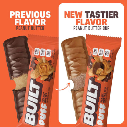 Built Peanut Butter Cup Puff, a crispy snack puff filled with creamy peanut butter flavor, shown in a close-up image.