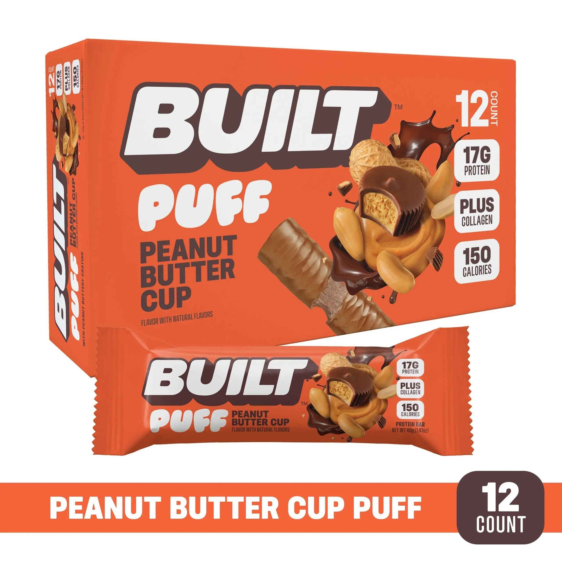 BUILT Peanut Butter Cup Puff, soft puffs filled with creamy peanut butter, perfect snack treat.