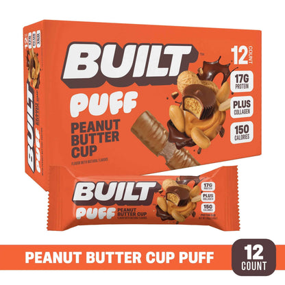 BUILT Peanut Butter Cup Puff, soft puffs filled with creamy peanut butter, perfect snack treat.