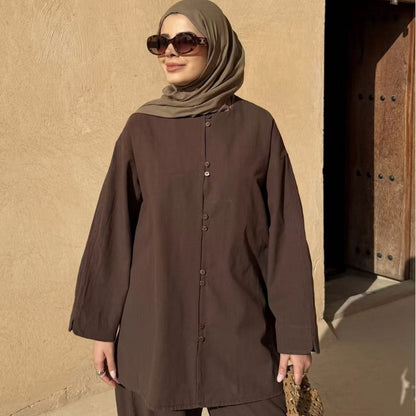 Button-Front Longline Top & Wide-Leg Trouser Set(MS456)