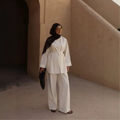 Button-Front Longline Top & Wide-Leg Trouser Set(MS456)