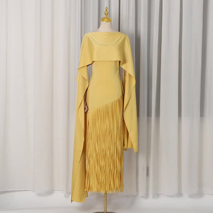 Cape Overlay Dress with Fringe Hem(MS363)