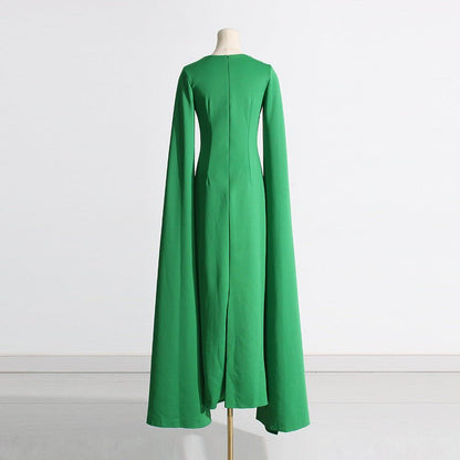 Cape Sleeve Evening Gown | Scalloped Neck Fitted Maxi Dress with Back Slit(MS217)