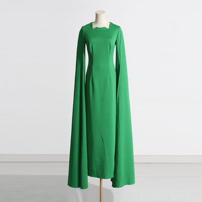 Cape Sleeve Evening Gown | Scalloped Neck Fitted Maxi Dress with Back Slit(MS217)