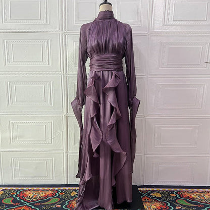 Cascading Ruffle Gown | High Neck Tie-Waist Maxi Dress(MS231)