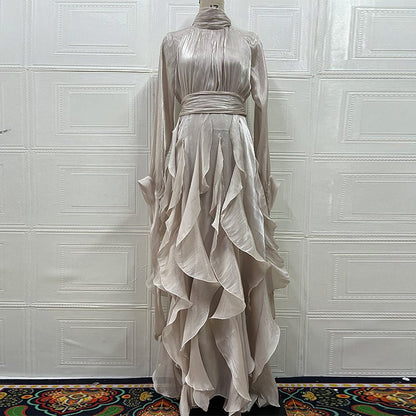Cascading Ruffle Gown | High Neck Tie-Waist Maxi Dress(MS231)