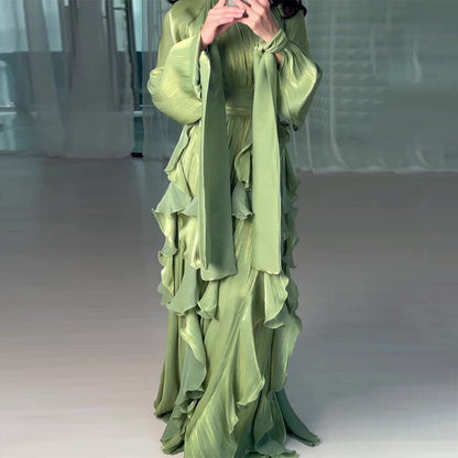 Cascading Ruffle Gown | High Neck Tie-Waist Maxi Dress(MS231)