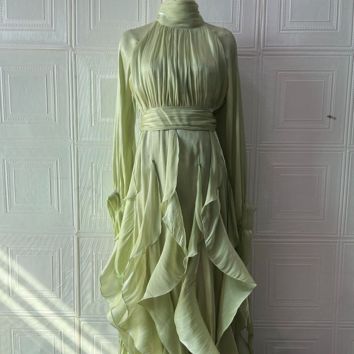 Cascading Ruffle Gown | High Neck Tie-Waist Maxi Dress(MS231)
