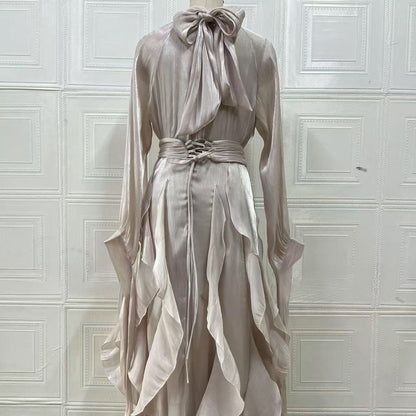 Cascading Ruffle Gown | High Neck Tie-Waist Maxi Dress(MS231)