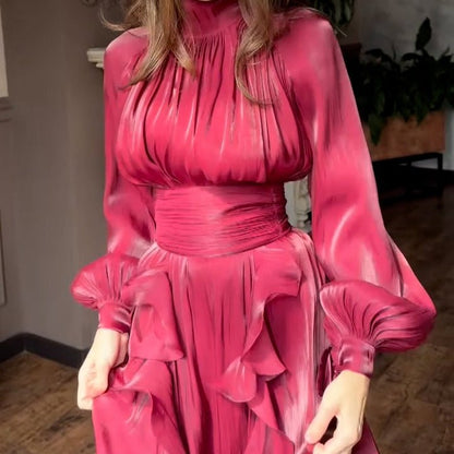 Cascading Ruffle Gown | High Neck Tie-Waist Maxi Dress(MS231)