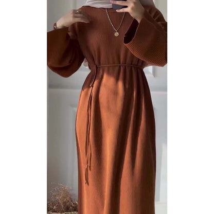 Casual Knitted Modest Dress with Flared Sleeves - Muslim-Friendly Crew Neck Pullover Maxi Dress with Belt(MS104)