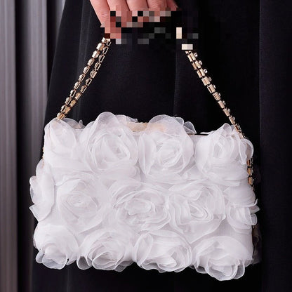 Chiffon Rose Evening Bag | Floral Clutch with Crystal Chain Strap (MAC355)