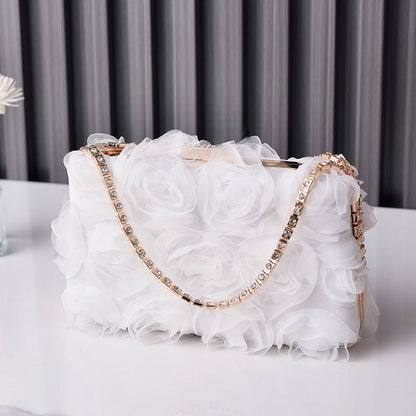 Chiffon Rose Evening Bag | Floral Clutch with Crystal Chain Strap (MAC355)