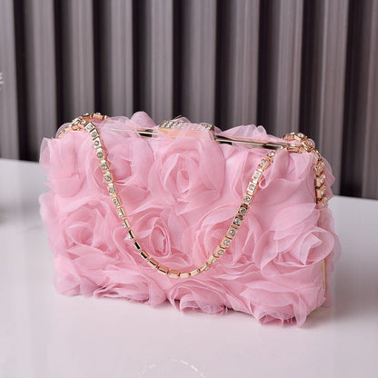 Chiffon Rose Evening Bag | Floral Clutch with Crystal Chain Strap (MAC355)
