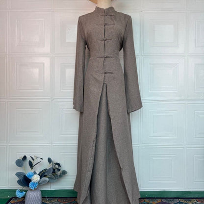 Chinese Frog Button Stand Collar Top & Wide-Leg Maxi Skirt Co-ord Set(MS483)
